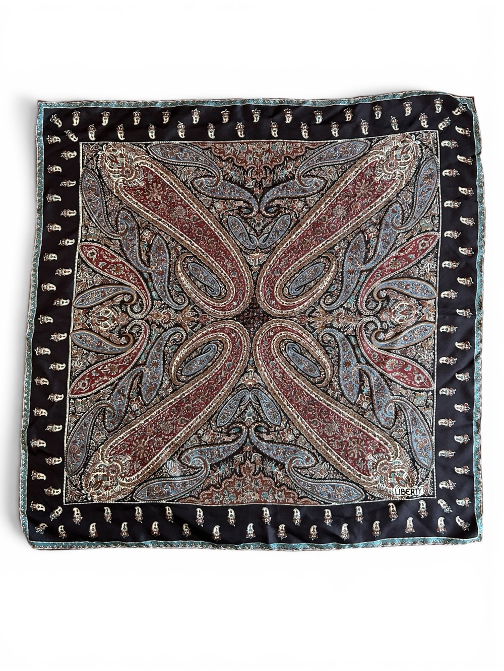 Liberty of London Silk Scarf in Black, Teal & Brown Paisley
